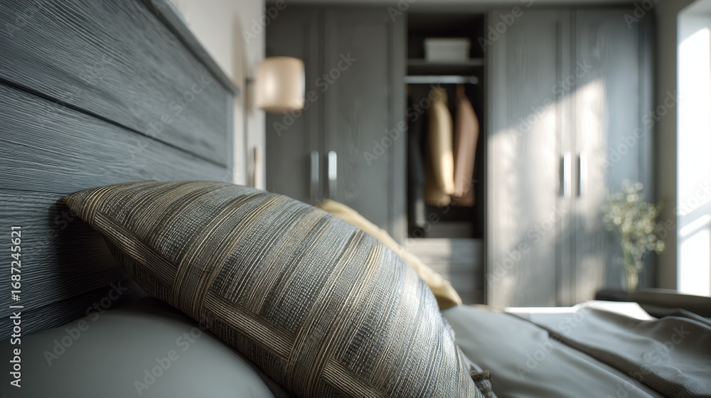 Poster focused medium frame on metalframed bed with matching sleek wardrobe shallow depth of field highligh