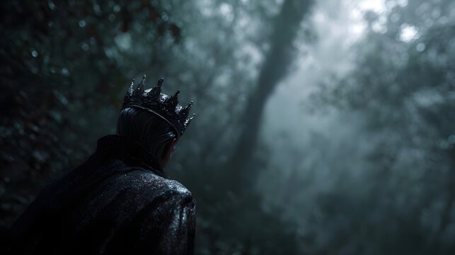 A regal king in a dark misty forest embodying ancient mystery and solitude