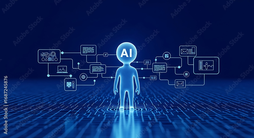 Poster ai figure standing with connected icons representing data and information on a blue background ai ge