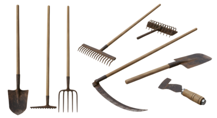 FARMING - Set of traditional gardening tools including shovel, rake, pitchfork, hoe, sickle, and hatchet isolated on white background, perfect for farming and landscaping projects