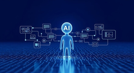 Ai figure standing with connected icons representing data and information on a blue background ai generated