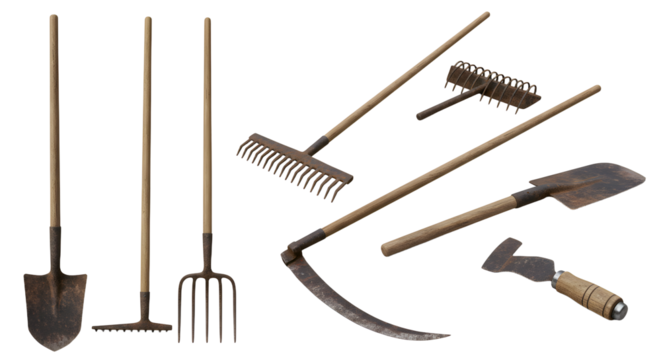 FARMING - Set of traditional gardening tools including shovel, rake, pitchfork, hoe, sickle, and hatchet isolated on white background, perfect for farming and landscaping projects
