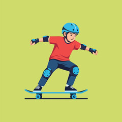 Fototapeta premium Young boy skateboarding in a skate park wearing protective gear, showcasing skill and balance with a sense of youthful energy and determination.