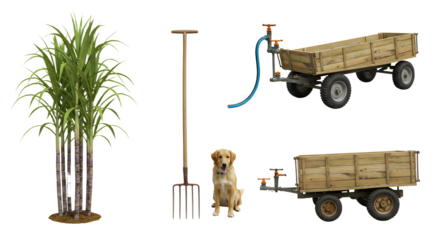 FARMING - Small dog sitting next to rustic garden tools and wooden trailers with tall green plant, perfect for farming and gardening concepts