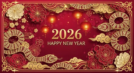 Happy new year 2026 chinese zodiac snake with lanterns and flowers