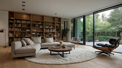 The layout features an open-plan area with a prominent wooden staircase with metal railings ascending to the upper level.