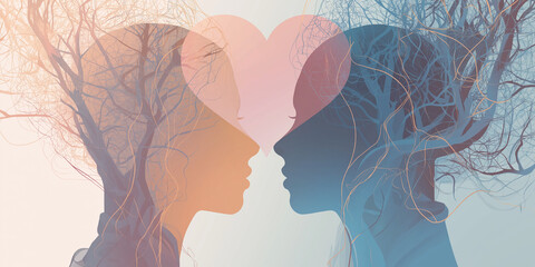 Mental Health Awareness Depicting Two Individuals, One Struggling with a Chaotic Brain of Tangled Wood and the Other Radiating Calm with a Heart-Shaped Brain Symbolizing Healing and Love. Mental Helth