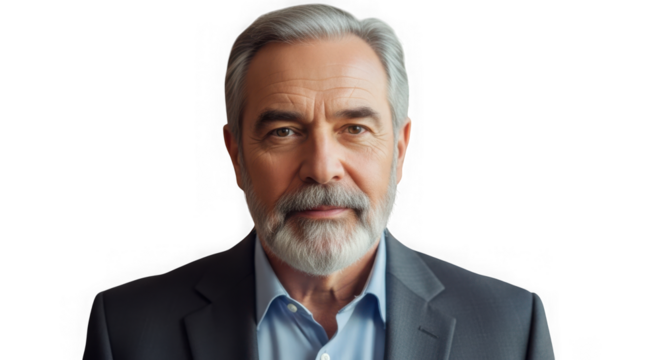 Close-up portrait of a distinguished gray-haired businessman with a beard transparent background