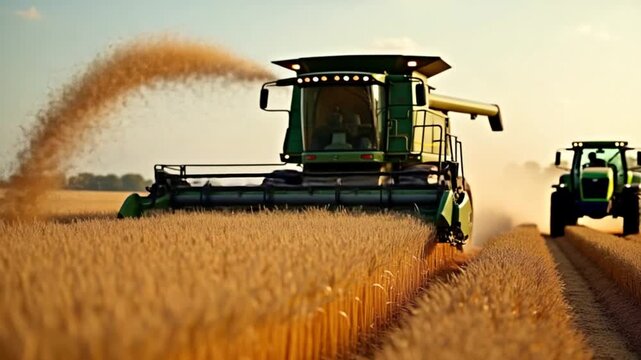 Industrial farmland finishes the seasonal work. Golden grains falling from combine into cart of a tractor. Grains pouring on nature background. Machinery harvesting.