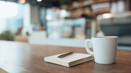 Cozy cafe scene featuring closed notebook and white mug filled with coffee on wooden table. warm ambiance invites creativity and relaxation, perfect for work or reflection