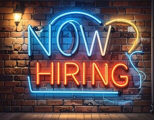 Neon Hiring Sign on Brick Wall