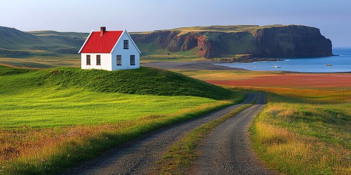 A solitary white house with a red roof sits on a grassy hill overlooking the ocean - Powered by Adobe