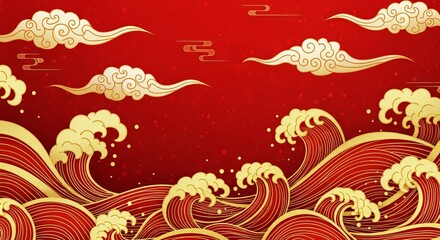 Golden clouds and waves on a vibrant red background, traditional chinese art style