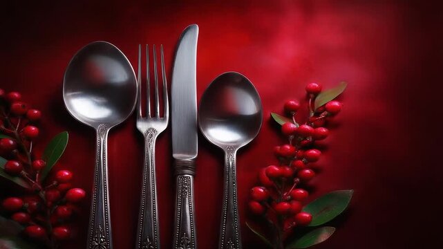 Ornate silverware set (spoon, fork, knife, spoon) arranged on a deep red background with red berry sprigs.