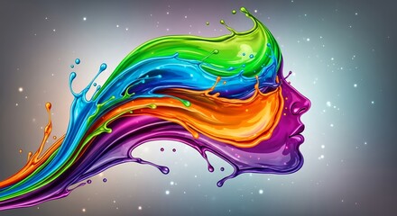 Vibrant colorful paint splash art with face profile for creative design projects