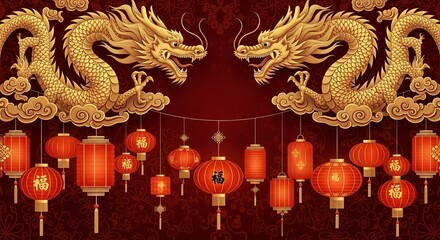 Traditional chinese new year decoration with golden dragons and red lanterns