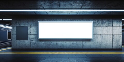 Blank billboard in a modern subway station with concrete walls and yellow line on the floor