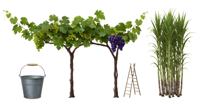 FARMING - Grape vine with ripe grapes on trellis with metal bucket, wooden ladder and tall sugarcane plants, agriculture and farming concept