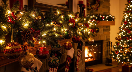 Christmas mantel decorated with lights ornaments and stockings with a christmas tree nearby ai generated