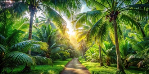 Obraz premium Sunlit Path Through Lush Tropical Palm Grove, Illuminating a Serene and Picturesque Landscape