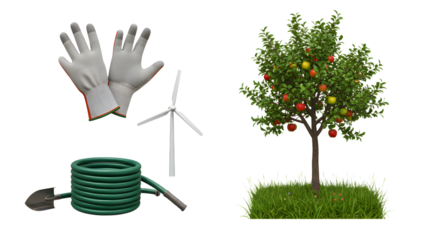 FARMING - Gardening tools with glove, hose, and shovel next to a fruit tree and wind turbine icon, symbolizing sustainable gardening and eco-friendly practices