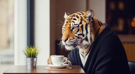 Tiger having coffee in a cafe, creating a unique and humorous moment for your business marketing