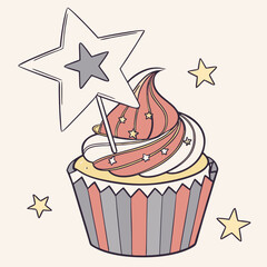 Vector art of cute cupcake with star wand and sprinkles