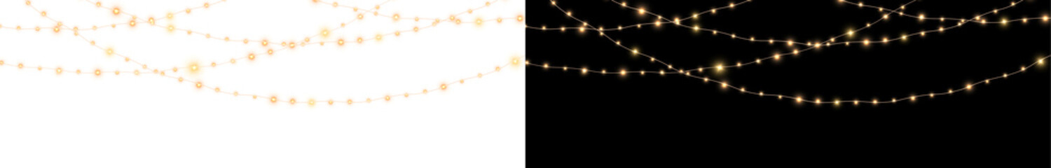 Elegant png overlay featuring shimmering golden lights on contrasting black and white backgrounds,...