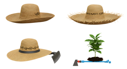 FARMING - Set of straw garden hats and gardening tools with a young plant on white background, ideal for outdoor gardening and planting activities