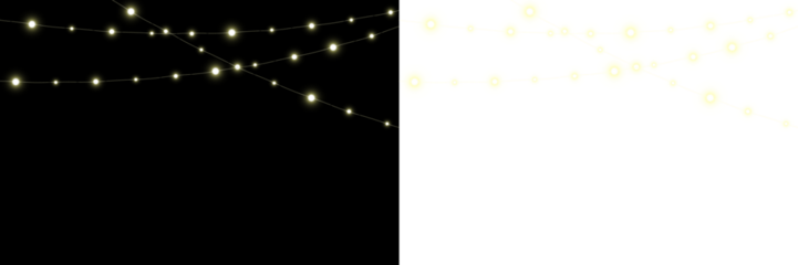 Png overlay featuring glowing fairy lights on a contrasting black and white background, ideal for creative projects, invitations, and festive designs with a magical ambiance