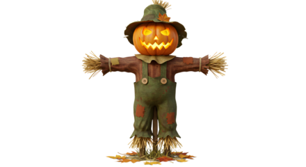 FARMING - Halloween pumpkin scarecrow with carved glowing jack-o'-lantern head wearing overalls and straw stuffing, perfect for fall decorations