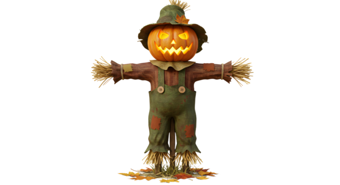 FARMING - Halloween pumpkin scarecrow with carved glowing jack-o'-lantern head wearing overalls and straw stuffing, perfect for fall decorations