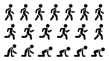 Naklejka premium A set of 18 black stick figure illustrations arranged in three rows against a white background.