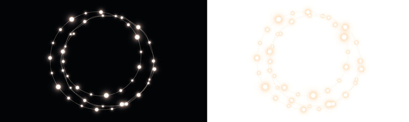 Sparkling light circle overlay on contrasting backgrounds, featuring glowing orbs and delicate lines, ideal for creative design projects and visual storytelling applications