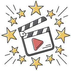 Vector art of movie clapperboard with play button surrounded by stars