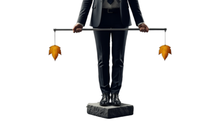 Business professional balancing autumn leaves, symbolizing work-life balance, seasonal decisions, fall strategy, and critical choices. Ideal for fall marketing, HR, finance, or corporate wellness.