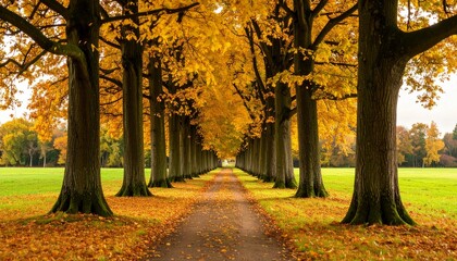 Fototapeta premium Autumn pathway lined with gold trees