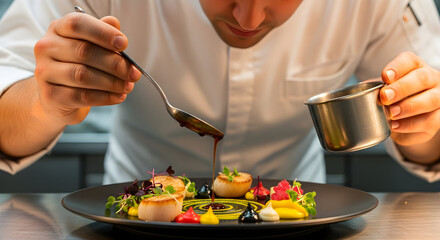 Elegant chef plating gourmet scallops with artistic sauce drizzle detail