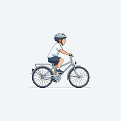 Fototapeta premium Boy riding bicycle on a bright day, wearing helmet and casual clothes, enjoying outdoor activity and healthy lifestyle.