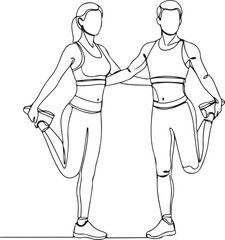 Couple stretching legs in a continuous line drawing