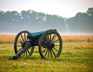 Antique cannon in a misty field