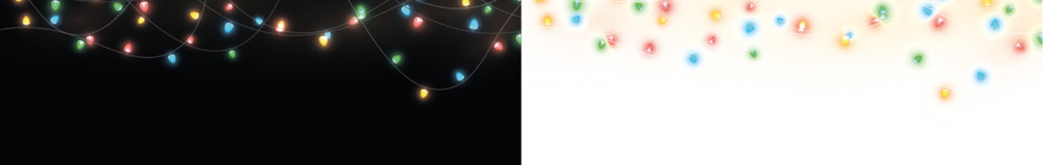 Colorful string lights overlay on a dark background, creating a festive atmosphere, ideal for holiday celebrations, invitations, and creative design projects with copy space