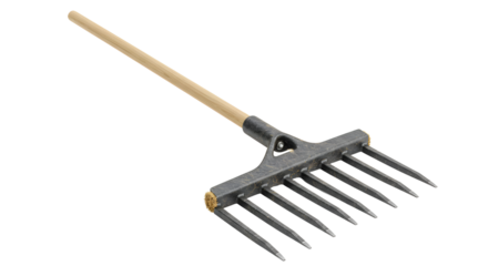 FARMING - Garden rake with wooden handle and metal tines isolated on white background, perfect for landscaping and yard work