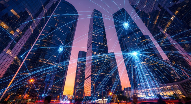 Dynamic network connecting stunning modern skyscrapers at sunset skyline