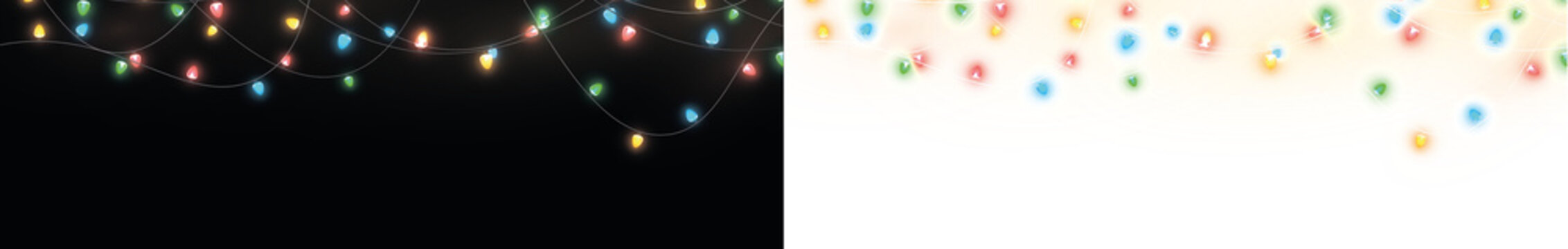 Colorful string lights overlay on a dark background, creating a festive atmosphere, ideal for holiday celebrations, invitations, and creative design projects with copy space