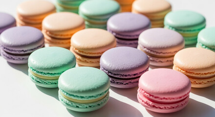 Fototapeta premium Delightful pastel macarons in neat rows offer a sweet treat for any occasion, perfect for celebrations