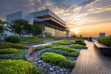Fototapeta premium Stunning rooftop garden sunset view modern building landscaping design