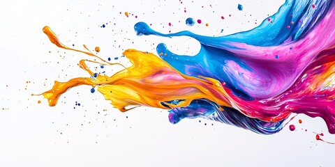 Colorful paint splashes and splatters in motion, isolated on white background