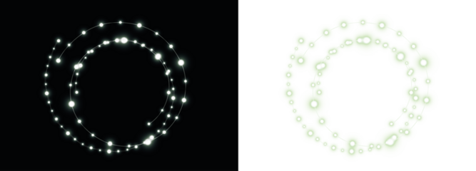 Abstract glowing circular light overlay with luminous dots on contrasting backgrounds, ideal for creative projects, digital designs, and artistic compositions with copy space