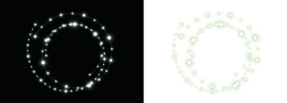 Abstract glowing circular light overlay with luminous dots on contrasting backgrounds, ideal for creative projects, digital designs, and artistic compositions with copy space